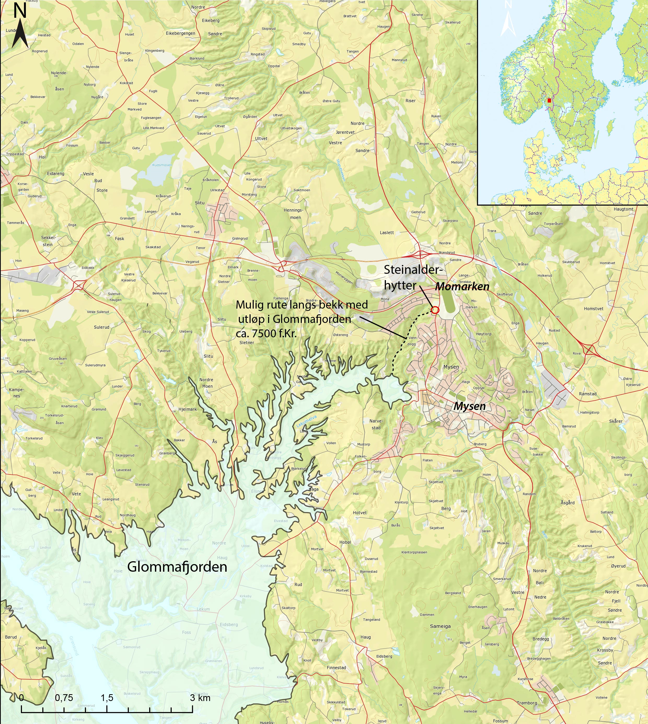 Kart over deler av Glommafjorden og fjordarmen som strakk seg i retning av Mysen ca. 7500 f.Kr. Fra en sidearm av fjorden var det mulig å følge et bekkeleie nordøstover til Momarken. Kart: Axel Mjærum, KHM. Tillatelsesnummer NE12000-150408SAS